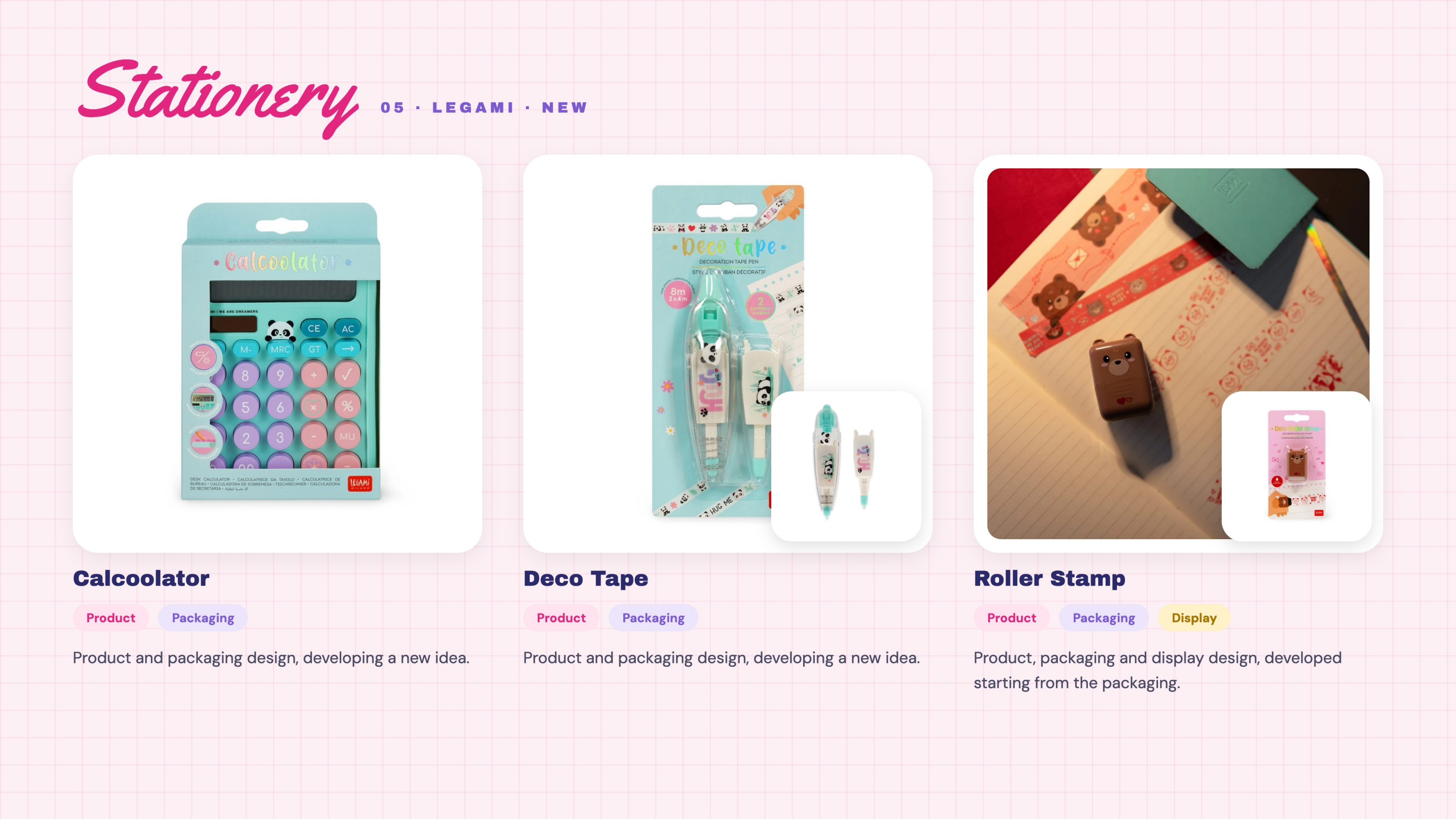 Stationery — Calcoolator, Deco Tape, Roller Stamp